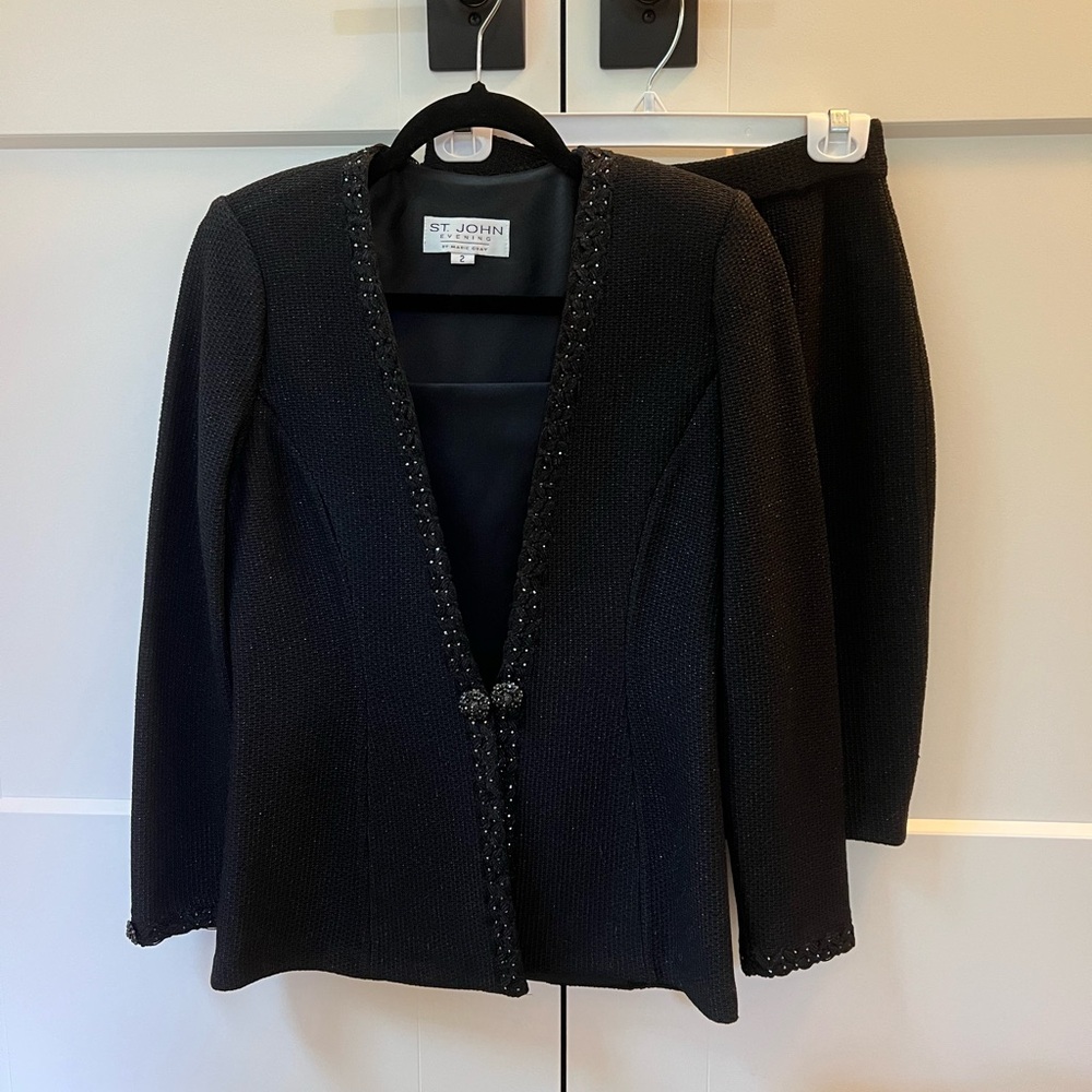 St. John Black Tailored Suit Jacket and Matching Pencil Skirt